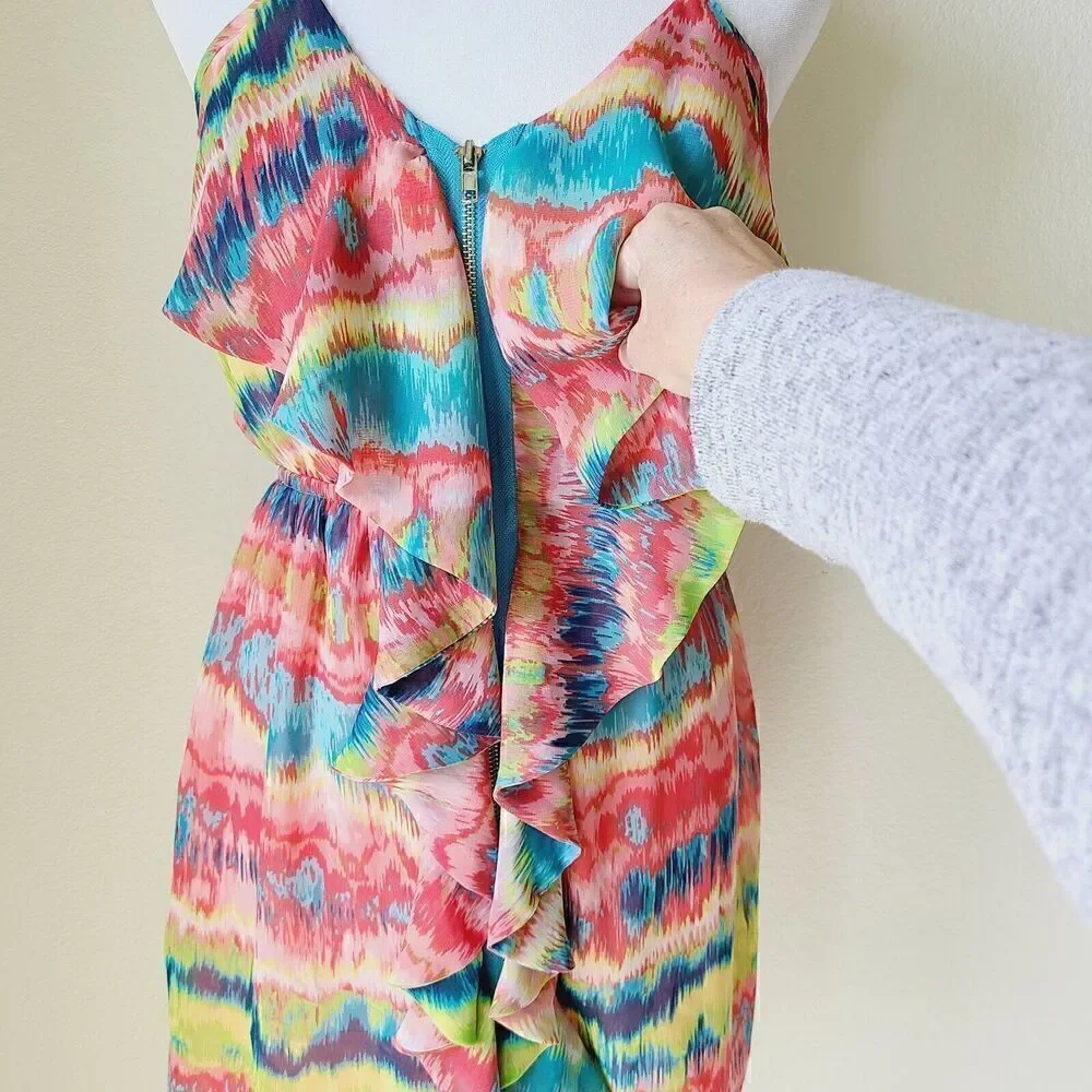 Anthropologie Maude Halter Dress Ruffles Elastic Waist Beach Colorful‎ Flaw - Picture 2 of 12